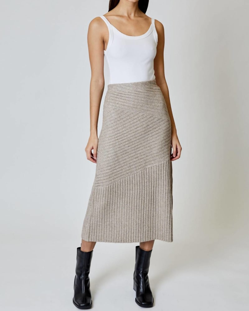 Front of a model wearing a size L Demi Skirt in Mushroom in Mushroom by dh NEW YORK. | dia_product_style_image_id:346207